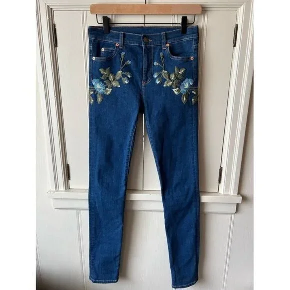 Gucci Floral-Embroidered Stretch Denim Jeans